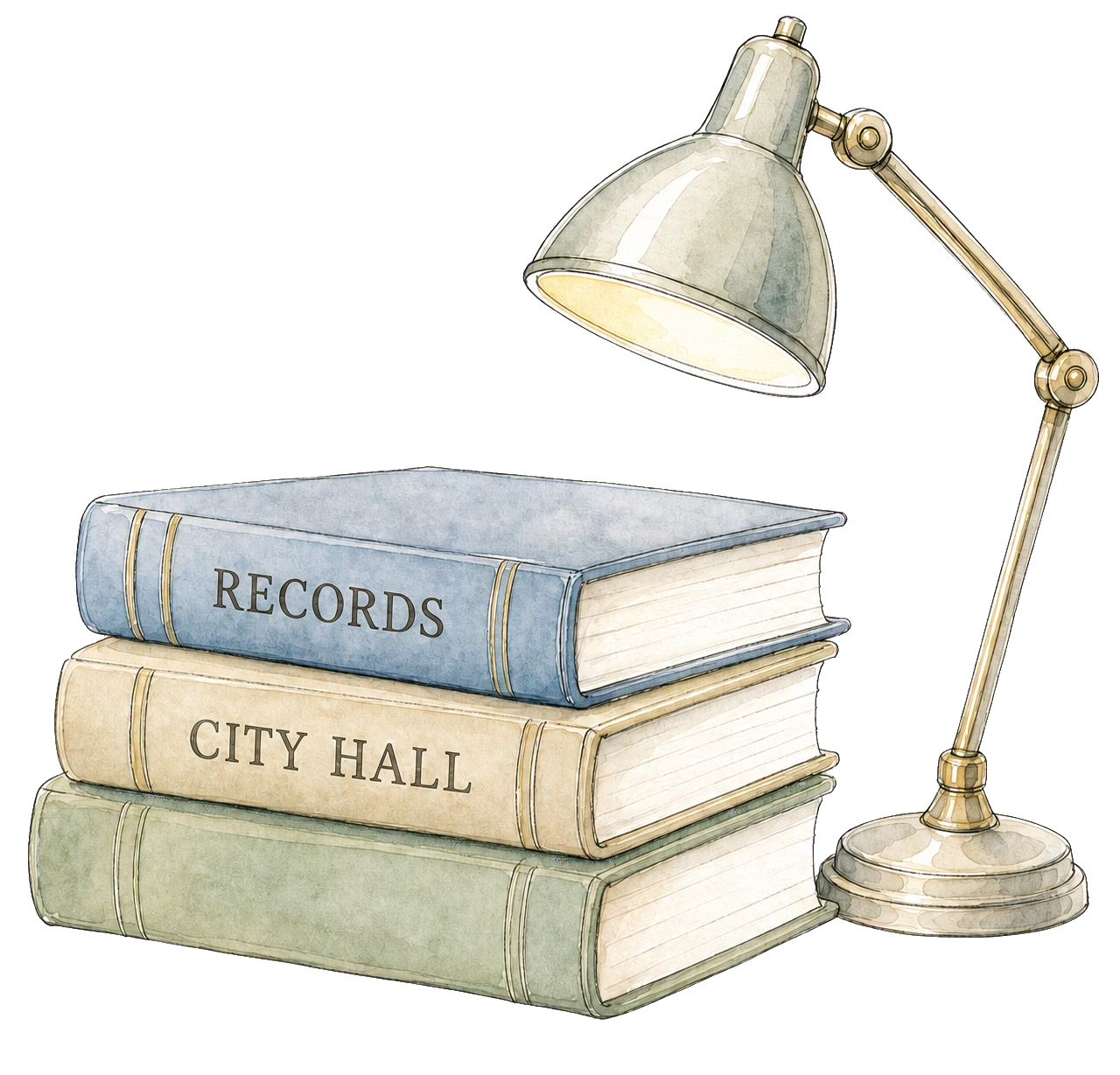 City hall books, desk lamp, and civic seal for town staff.