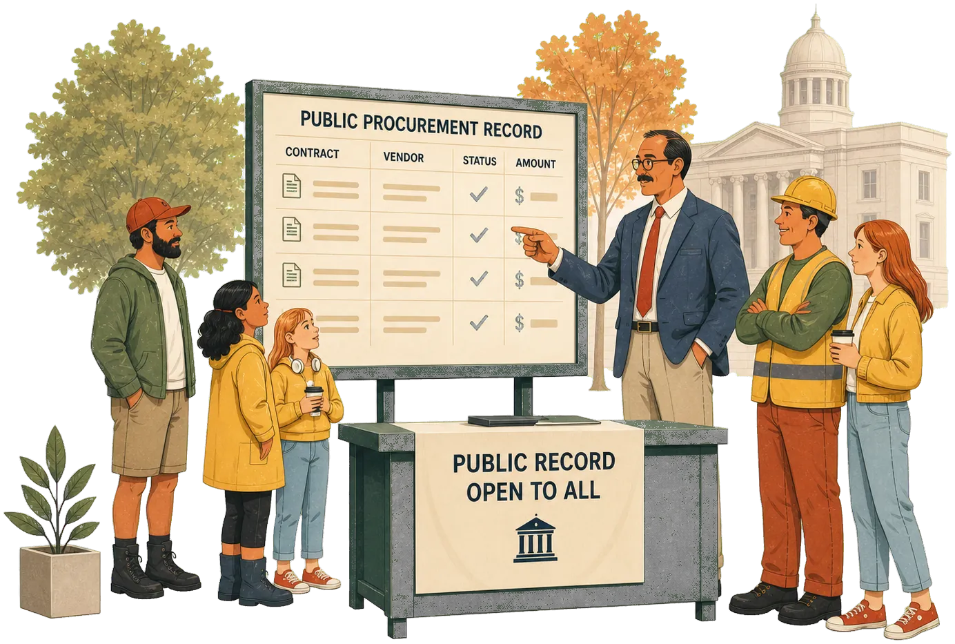 People standing around a public procurement record board in front of a courthouse, illustrating an open civic ledger scene.