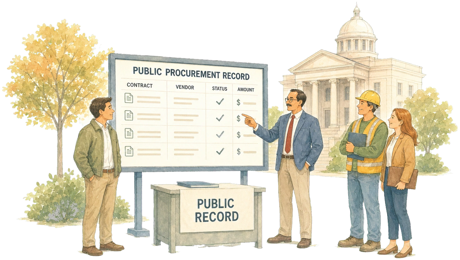 People standing around a public procurement record board in front of a courthouse, illustrating an open civic ledger scene.